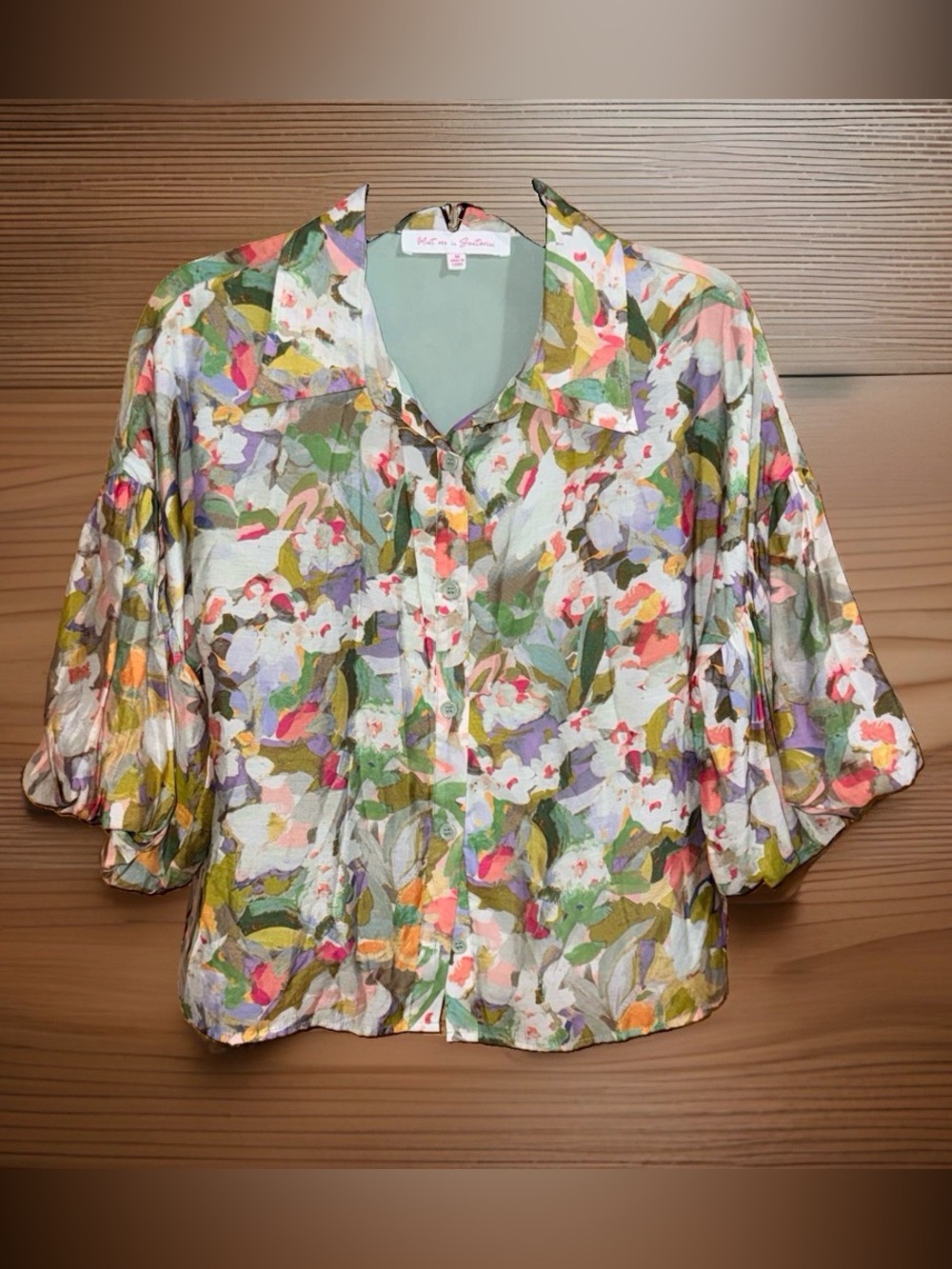 Meet me in Santorini Floral Button-Front Abstract Floral Blouse w/Puff Sl.-M-EC